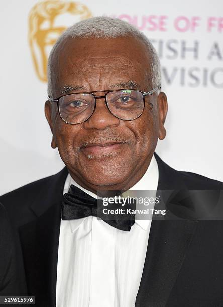 Trevor McDonald poses in the winners room at the House Of Fraser British Academy Television Awards 2016 at the Royal Festival Hall on May 8, 2016 in...