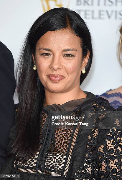 Liz Bonin poses in the winners room at the House Of Fraser British Academy Television Awards 2016 at the Royal Festival Hall on May 8, 2016 in...