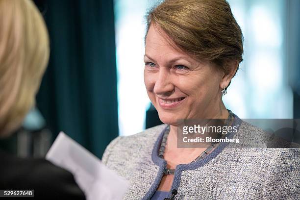 Inga Beale, chief executive officer of Lloyd's of London, reacts during a Bloomberg Television interview at the City Week International Financial...
