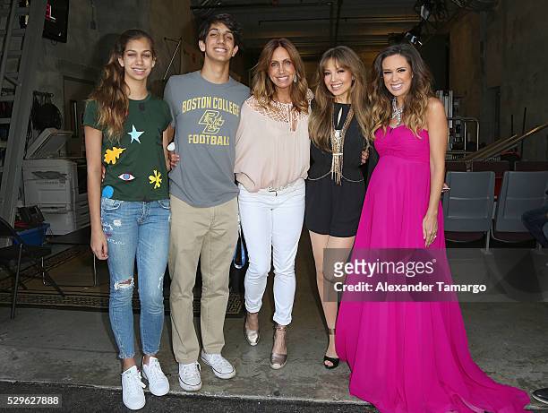 Lina Teresa Luaces, Lorenzo Luaces, Jr, Lili Estefan, Thalia and Jackie Bracamonte are seen backstage at "Nuestra Belleza Latina" at Univision...