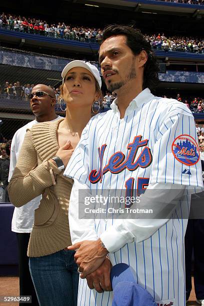 Actress Jennifer Lopez and husband singer Mark Anthony attend the Subway Series between the New York Mets and the New York Yankees on May 21, 2005 at...