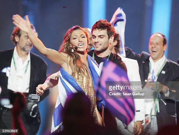 Helena Paparizou of Greece and members of the Greek delegation celebrate after winning the Eurovision Song Contest Grand Final at Palace Of Sports on...