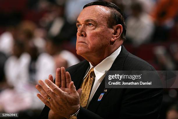 Head coach Gene Keady of the Purdue Boilermakers looks on against Iowa Hawkeyes during the first day of the Big Ten Men's Conference Basketball...