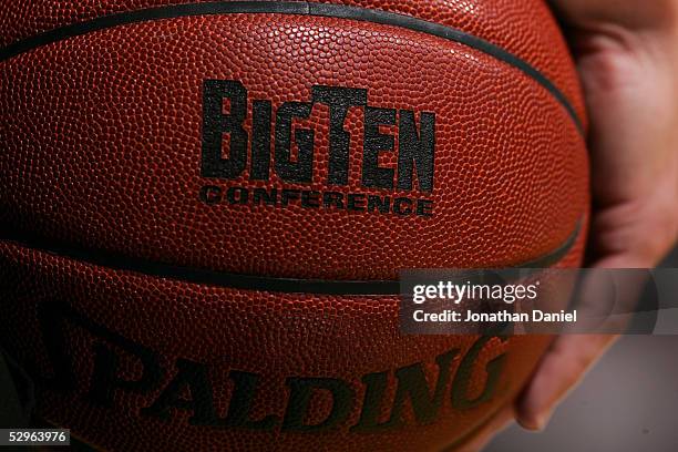 Detail view of the BigTen logo is seen on a basketball as the Penn State Nittnay Lions play against Ohio State Buckeyes during the first day of the...