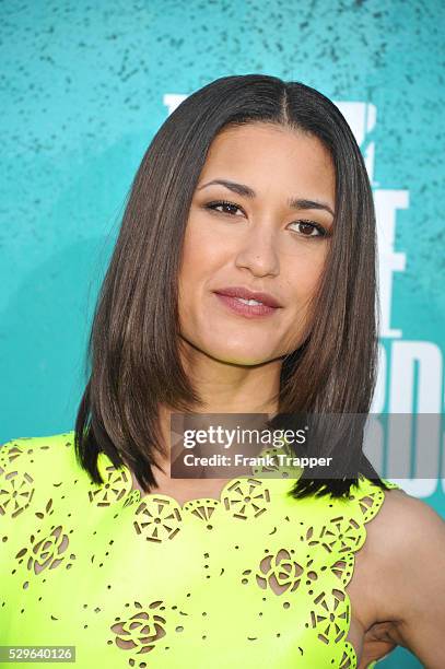 Actress Julia Jones arrives at the 2012 MTV Movie Awards held at the Gibson Amphitheater in Universal City.