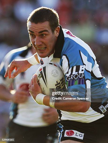 Luke Covell of the Sharks in action during the round 11 NRL match between the Penrith Panthers and the Cronulla-Sutherland Sharks at Penrith Stadium...
