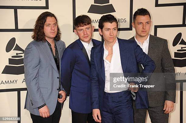 Musicians Nick O'Malley, Jamie Cook, Alex Turner, and Matt Helders of "Arctic Monkeys" arrive at The 57th Annual GRAMMY Awards held at the Staples...