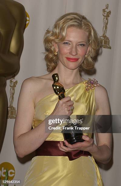 Cate Blanchett with her award for best supporting actress in the fillm "The Aviator" in the press room at the 77th Annual Academy Awards�� at the...