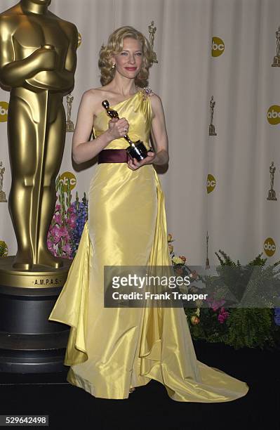 Cate Blanchett with her award for Supporting Actress in the press room at the 77th Annual Academy Awards�� at the Kodak Theatre.