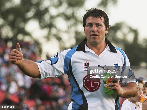 Jason Stevens of Cronulla salutes fans after winning the round 11 NRL match between the Penrith Panthers and the Cronulla-Sutherland Sharks at...