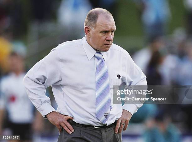 Panthers Coach John Lang looks dejected after his team lost the round 11 NRL match between the Penrith Panthers and the Cronulla-Sutherland Sharks at...