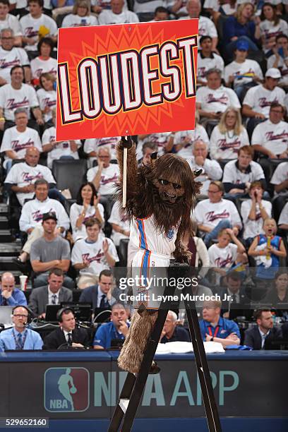 Rumble the Bison, mascot of the Oklahoma City Thunder, gets the crowd into Game Three of the Western Conference Semi Finals against the San Antonio...