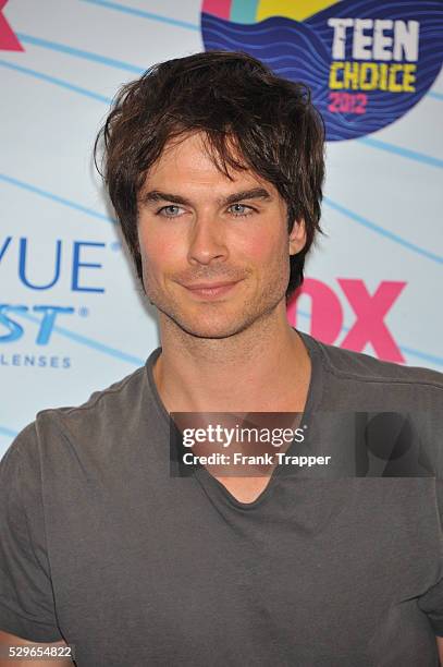 Actor Ian Somerhalder, winner of Choice Fantasy/Sci-Fi Show award, pose in the press room at the 2012 Teen Choice Awards held at the Gibson...