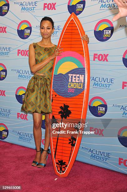 Actress Zoe Saldana posing in the press room in the press room at the 2012 Teen Choice Awards held at the Gibson Amphitheatre in Universal City,...