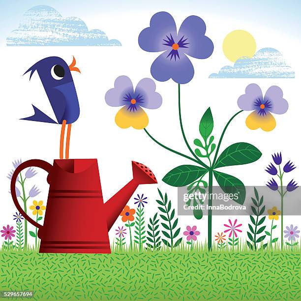 bird in spring or summer garden. - watering can stock illustrations