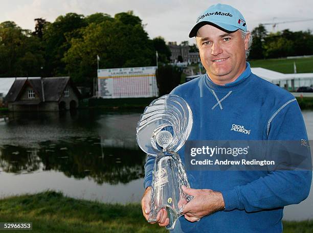 Stephen Dodd of Wales poses with the trophy after winning the Nissan Irish Open on The Montgomerie Course at Carton House Golf Club on May 22 in...