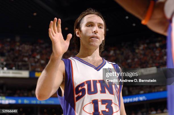 Steve Nash of the Phoenix Suns celebrates a basket in Game one of the Western Conference Finals during the 2005 NBA Playoffs on May 22, 2005 at...