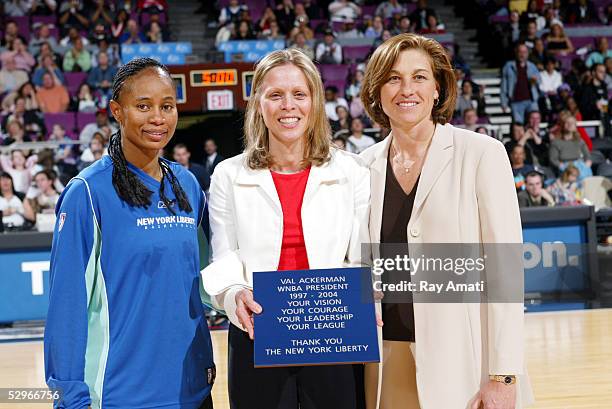 Former head of the WNBA Val Ackerman is honored for her service during half-time at the Detroit Shock v. The New York Liberty game on May 22, 2005 at...