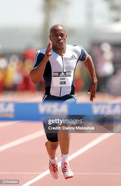 Maurice Greene competes in the men's 100 meter dash at the Adidas Track Classic on May 22, 2005 at the Home Depot Center in Carson, California.