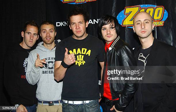 Simple Plan arrives to the press room at Z100'S Zootopia 2005 at Continental Airlines arena on May 22, 2005 in East Rutherford, New Jersey.