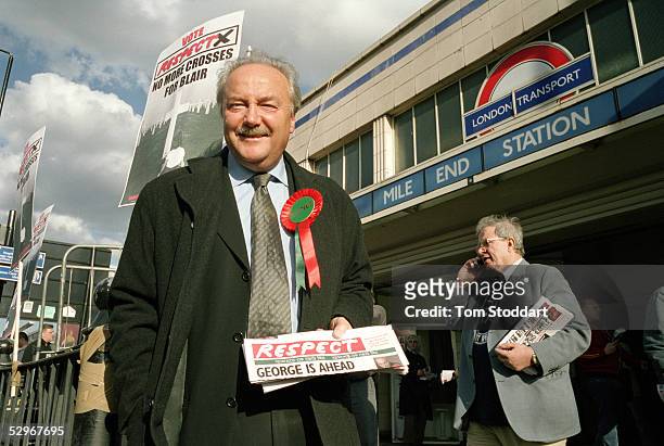 Respect candidate George Galloway campaining outside Mile End Tube Station, Bethnal Green, during the general election of 2005. Galloway is...