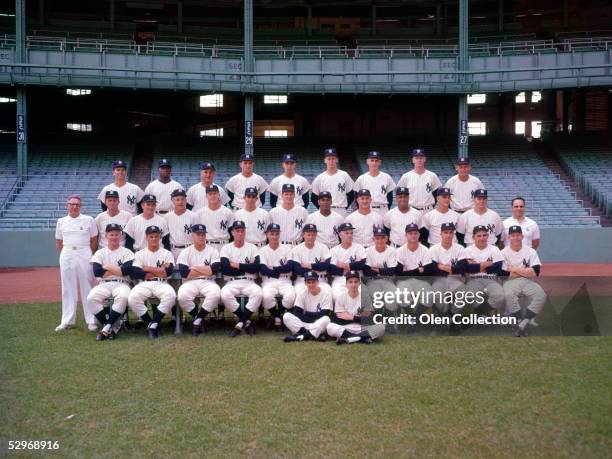 Team picture of the 1961 New York Yankees taken prior to a game in 1961 at Yankee Stadium in New York, New York. Front row batboys Frank Prudenti and...