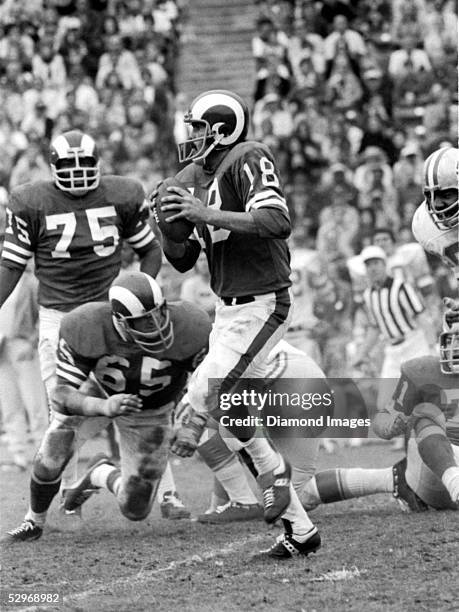 Quarterback Roman Gabriel of the Los Angeles Rams, scrambles as he sets up to throw a pass during a game in the late 1960's against the Detroit Lions.