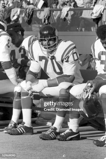 Defensive lineman Jim Marshall of the Minnesota Vikings, on the bench during a game on December 2, 1973 against the Cincinnati Bengals at Riverfront...