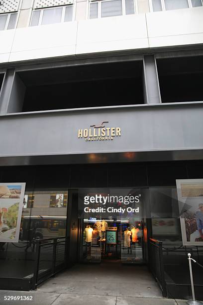 View of the exterior of the Hollister retail store during the Hollister and Sabrina Carpenter DIY in-store event on May 7, 2016 in New York City.