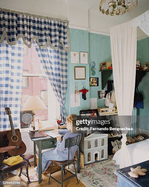 girl writing at desk in her room - curtain valance stock pictures, royalty-free photos & images