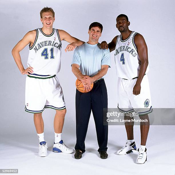 Dirk Nowitzki, Dallas Mavericks Owner Mark Cuban and Michael Finley of the Dallas Mavericks pose for a portrait circa 2001 in Dallas, Texas. NOTE TO...