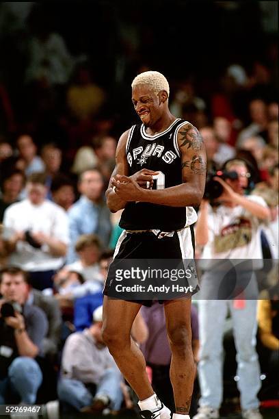Dennis Rodman of the San Antonio Spurs shows emotion during Game 3, Round 1 of the 1995 NBA Playoffs against the Denver Nuggets on May 2, 1995 in...