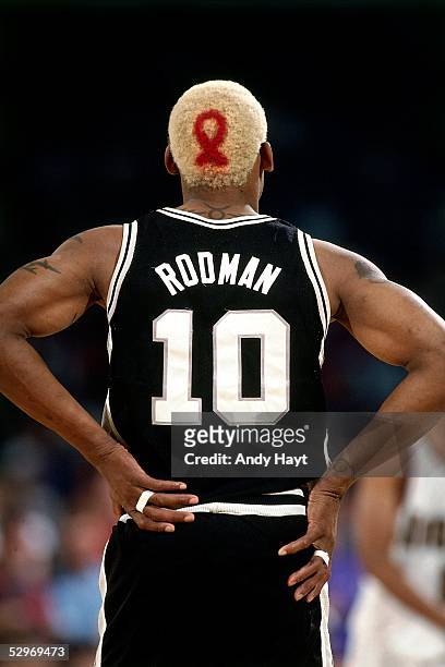 Dennis Rodman of the San Antonio Spurs during Game 3, Round 1 of the 1995 NBA Playoffs against the Denver Nuggets on May 2, 1995 in Denver, Colorado....