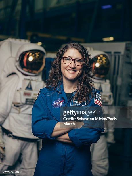 Astronaut Christina Koch who has been selected for a manned mission to Mars is photographed for Paris Match at the Johnson Space Center on February...