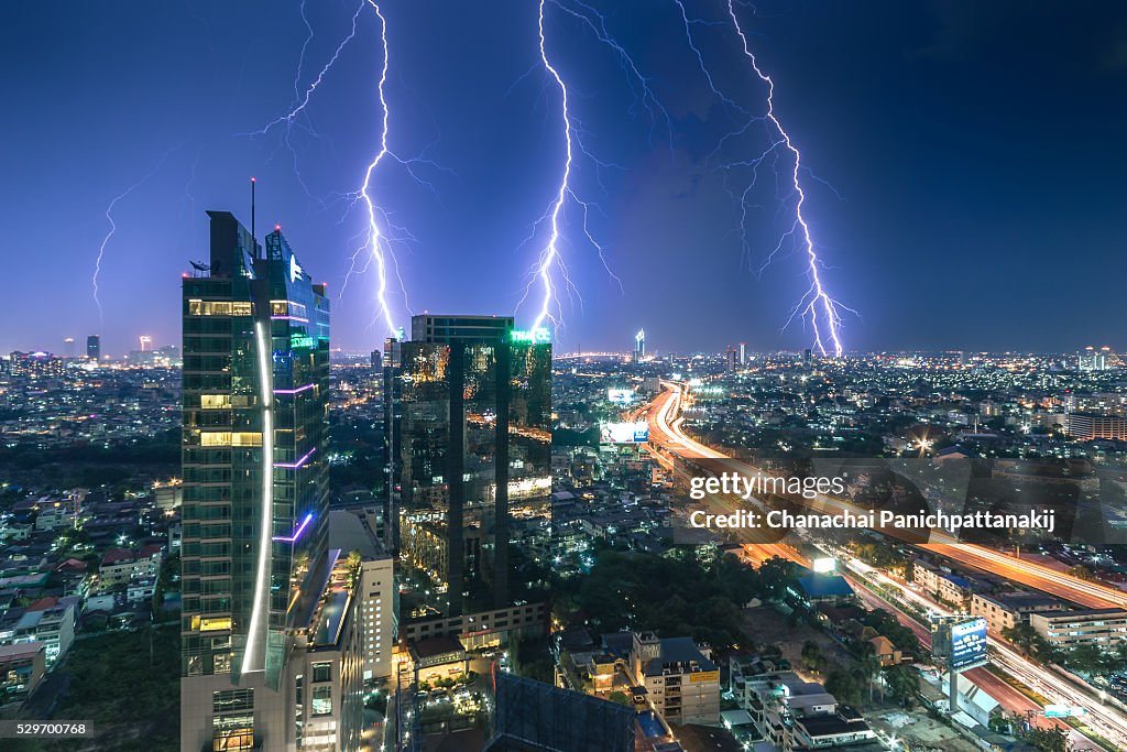 Lightning Bolts over Bangkok city center, Thailand