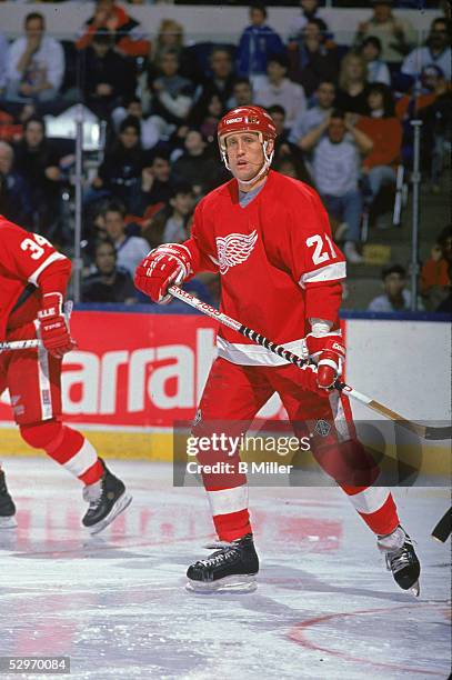 Swedish professional hockey player Borje Salming of the Detroit Red Wings skates and watches the action during a game against the New York Islanders...