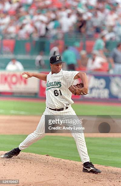 Livan Hernandez of the Florida Marlins pitches during Game two of the 1997 National League Divisional Series against the San Francisco Giants at Pro...