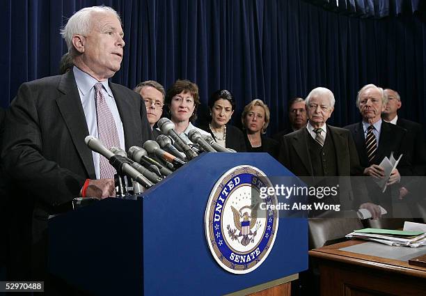 Sen. John McCain speaks as Sen. Mike DeWine , Sen. Susan Collins , Sen. Olympia Snowe , Sen. Mary Landrieu , Sen. Lindsey Graham , Sen. Bob Byrd ,...