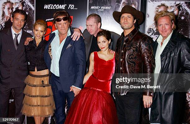 Clive Owen, Jessica Alba, Mickey Rourke, Frank Miller, Brittany Murphy, Robert Rodriguez and Michael Madsen arrive at the UK premiere of "Sin City"...