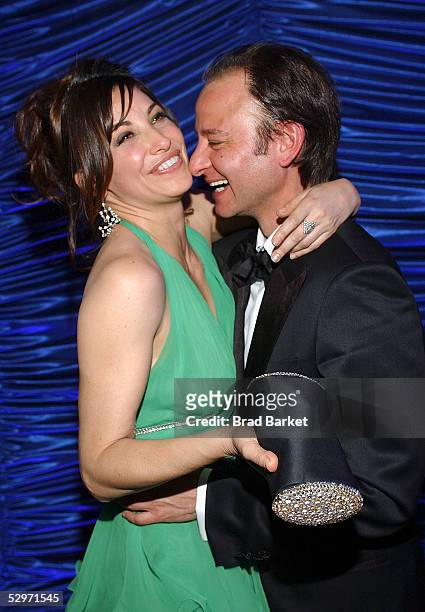 Fisher Stevens and Gina Gershon share a moment at the "Fish Fry" All-Star Roast Of Fisher Stevens Benefiting Naked Angels at the Puck Building on May...