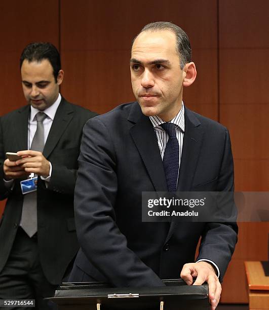 Cypriot Finance Minister Harris Georgiades during the Eurogroup meeting on Greece's bailout progress in Brussels, Belgium on May 9, 2016.