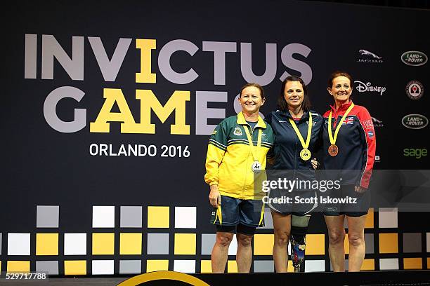 Silver medal winner Darleen Brown of Australia , Gold medal winner Sarah Rudder of the USA and Bronze medal winner Sarah Claricoates of the UK pose...