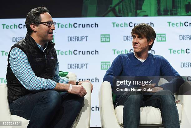 Of Foursquare Jeff Glueck and Co-founder and Executive Chairman of Foursquare Dennis Crowley speak onstage during TechCrunch Disrupt NY 2016 at...