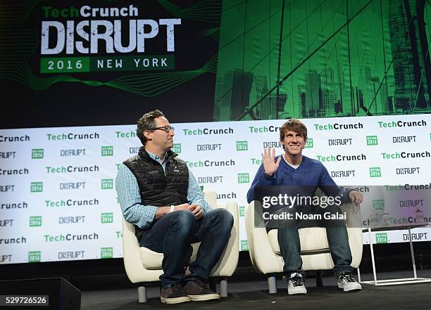 Of Foursquare Jeff Glueck and Co-founder and Executive Chairman of Foursquare Dennis Crowley speak onstage during TechCrunch Disrupt NY 2016 at...