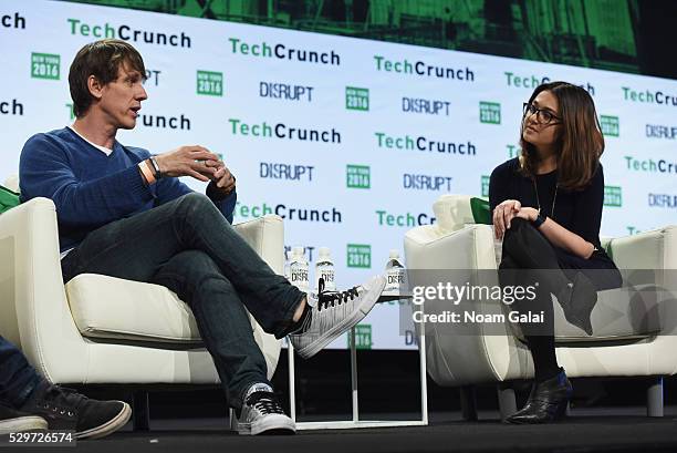 Co-founder and Executive Chairman of Foursquare Dennis Crowley and TechCrunch senior writer Katie Roof speak onstage during TechCrunch Disrupt NY...