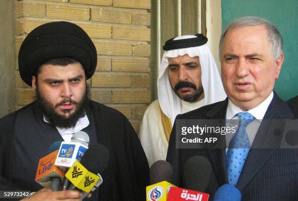 Radical Shiite Muslim Sheikh Moqtada Sadr speaks to the press during a joint press conference with deputy prime minister Ahmed Chalabi in the...