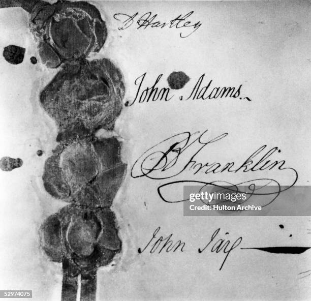 Photograph of the signatures and seals of the 1783 Treaty of Paris, the agreement which formally ended the American Revolutionary War between Great...