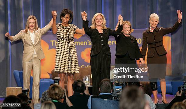 Presidential candidates wives Jeri Thompson, Michelle Obama, Ann Romney, Elizabeth Edwards and Cindy Hensley McCain acknowledge applause at the...