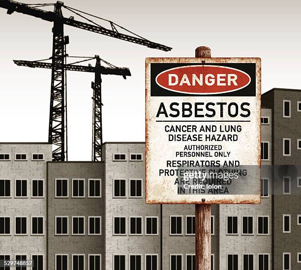 ilustrações, clipart, desenhos animados e ícones de paisagem urbana com vazio edifícios e placa do perigo de amianto - asbestos