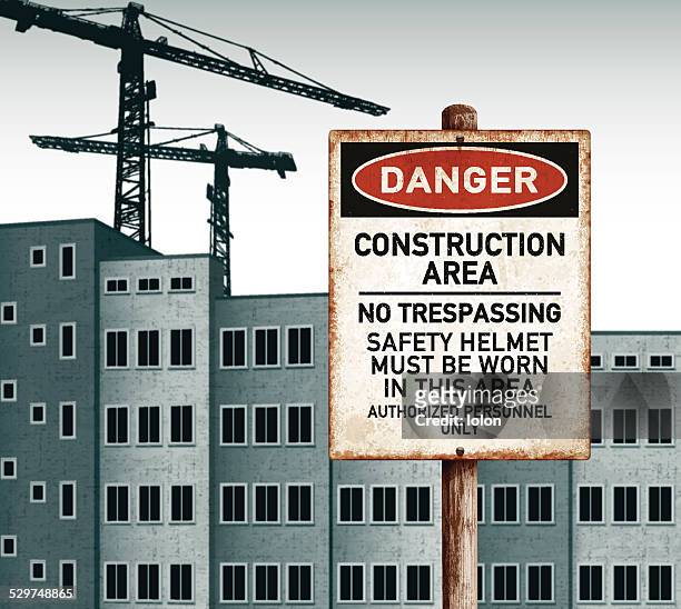 stockillustraties, clipart, cartoons en iconen met urban landscape with empty buildings and danger construction area placard - asbestos